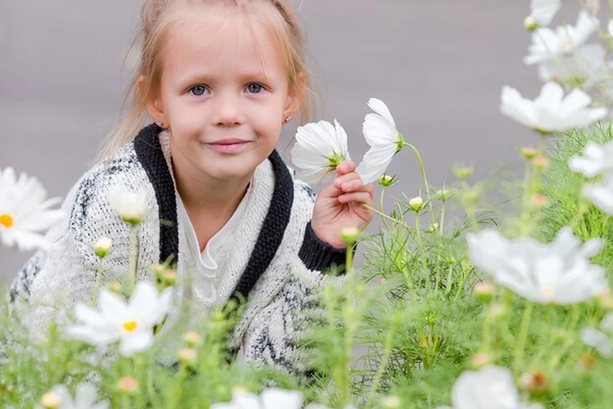 Mała dziewczyna wąchająca kolorowe kwiaty na zewnątrz